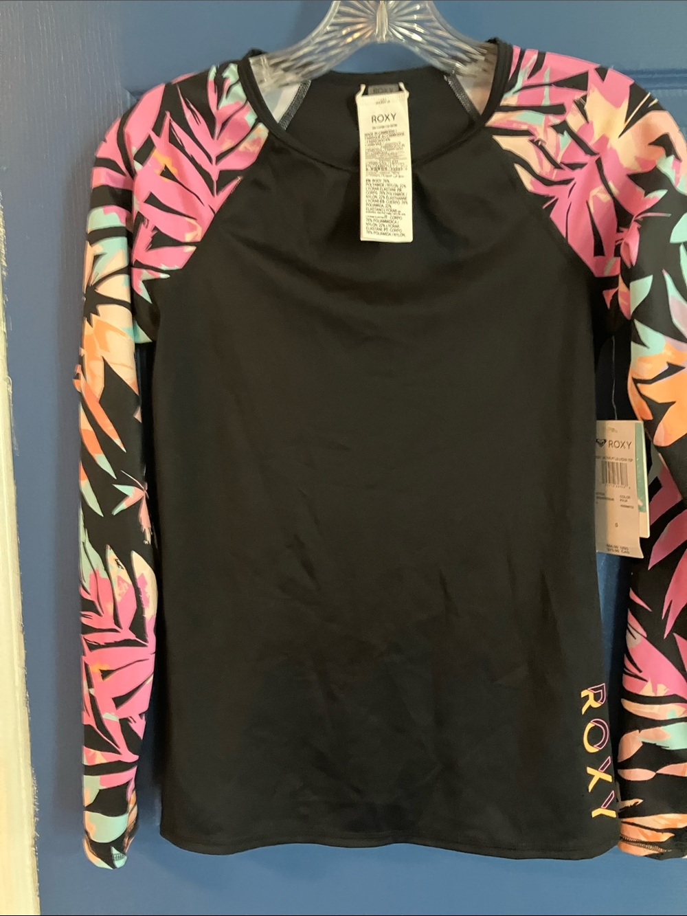 Roxy Black Long-Sleeve Rash Guard with Pink & Teal Tropical Sleeves